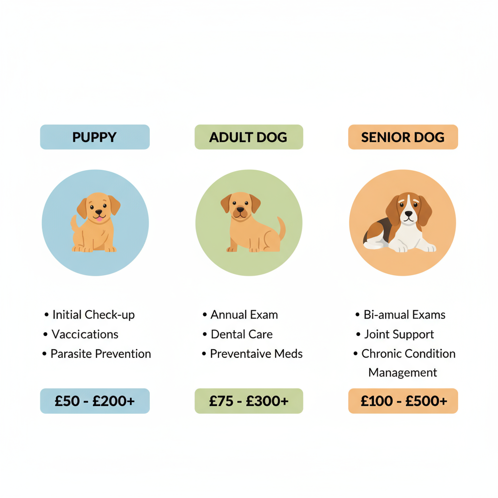 Comparison chart showing vet wellness exam costs for puppies, adult dogs, and senior pets with pricing</p><p>