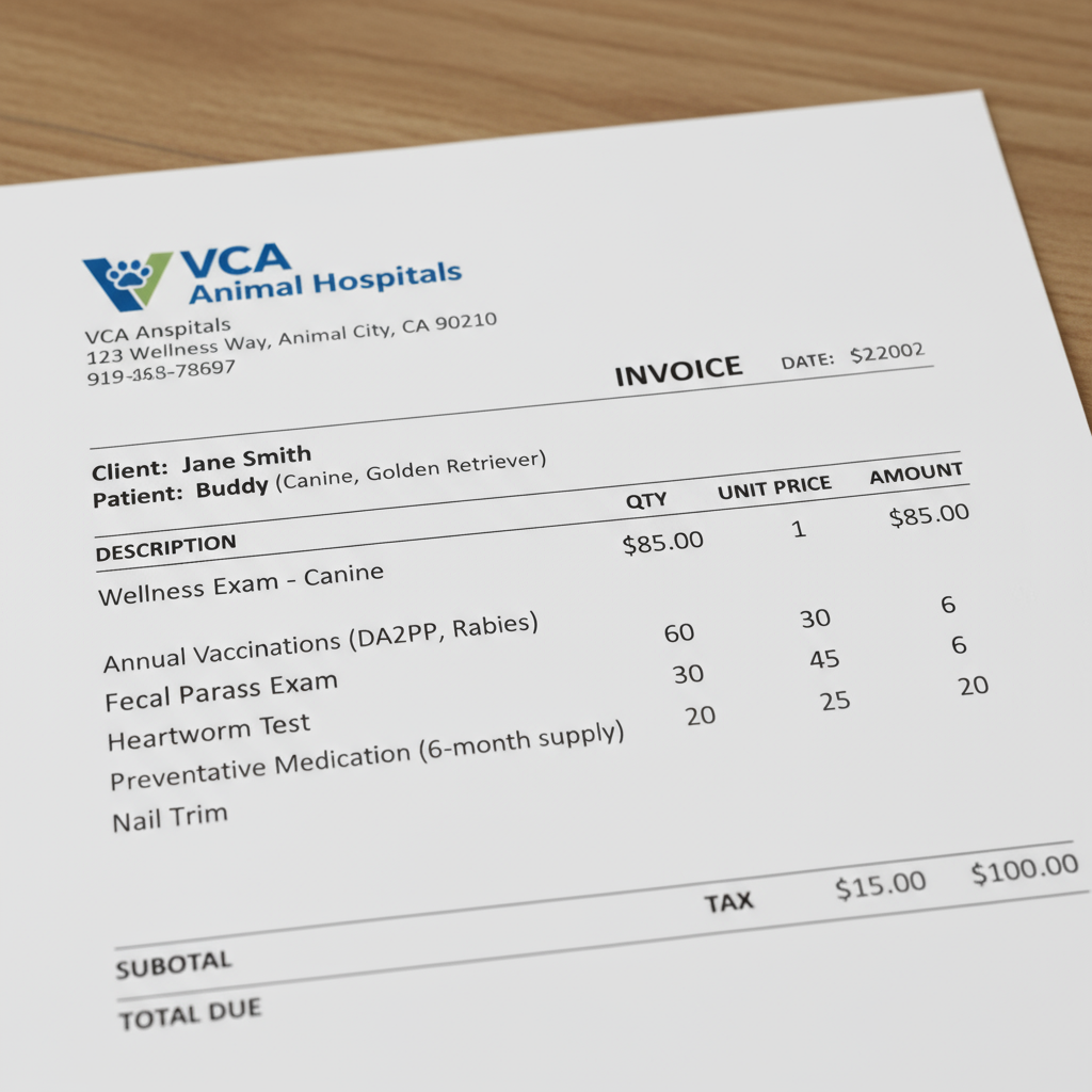 Sample VCA Wellness Exam Invoice Showing Actual Costs