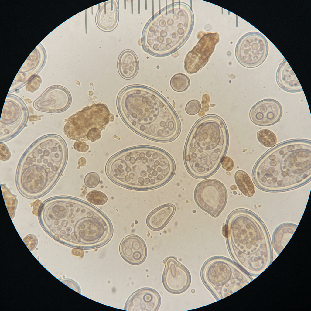 Veterinarian performing dog fecal exam under microscope in veterinary clinic laboratory