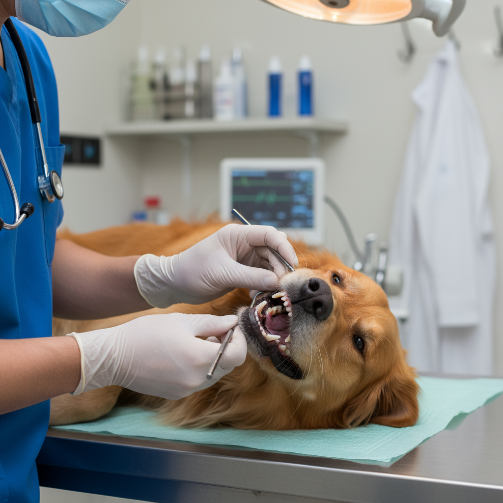 Vet checking dog teeth for dental disease during wellness exam