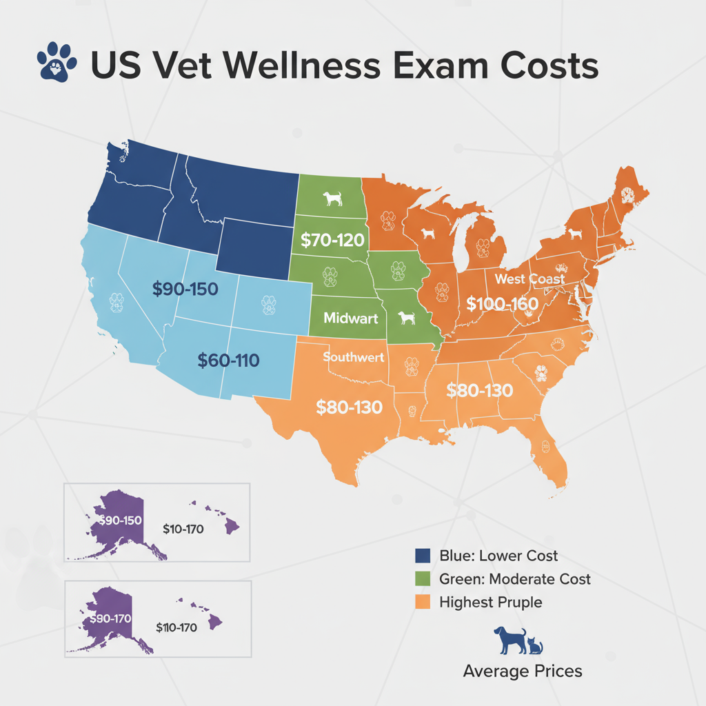 US map showing vet wellness exam cost by region with price ranges for different areas