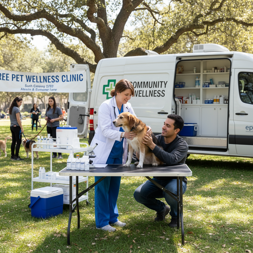Mobile veterinary clinic providing free wellness exam for dogs at community outreach event