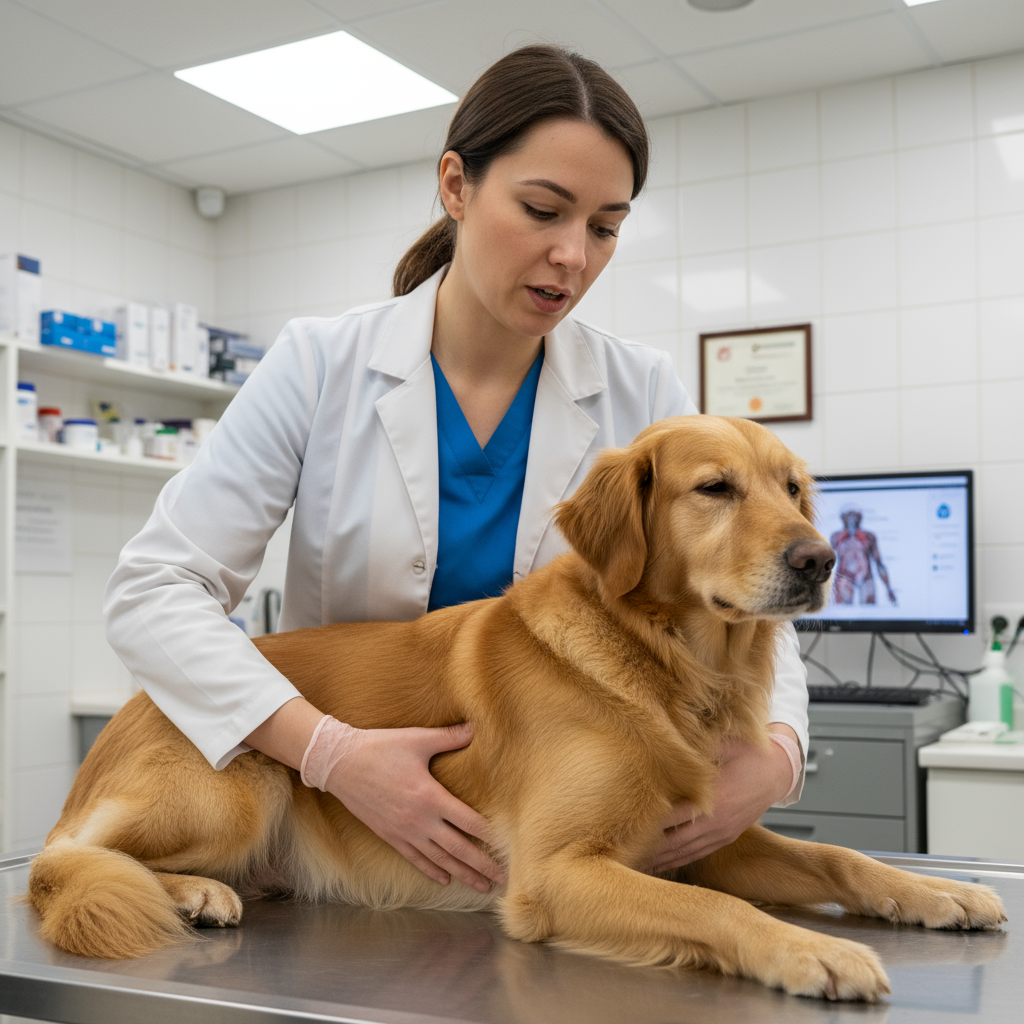 Vet examining dog's abdomen to check internal organs during wellness visit