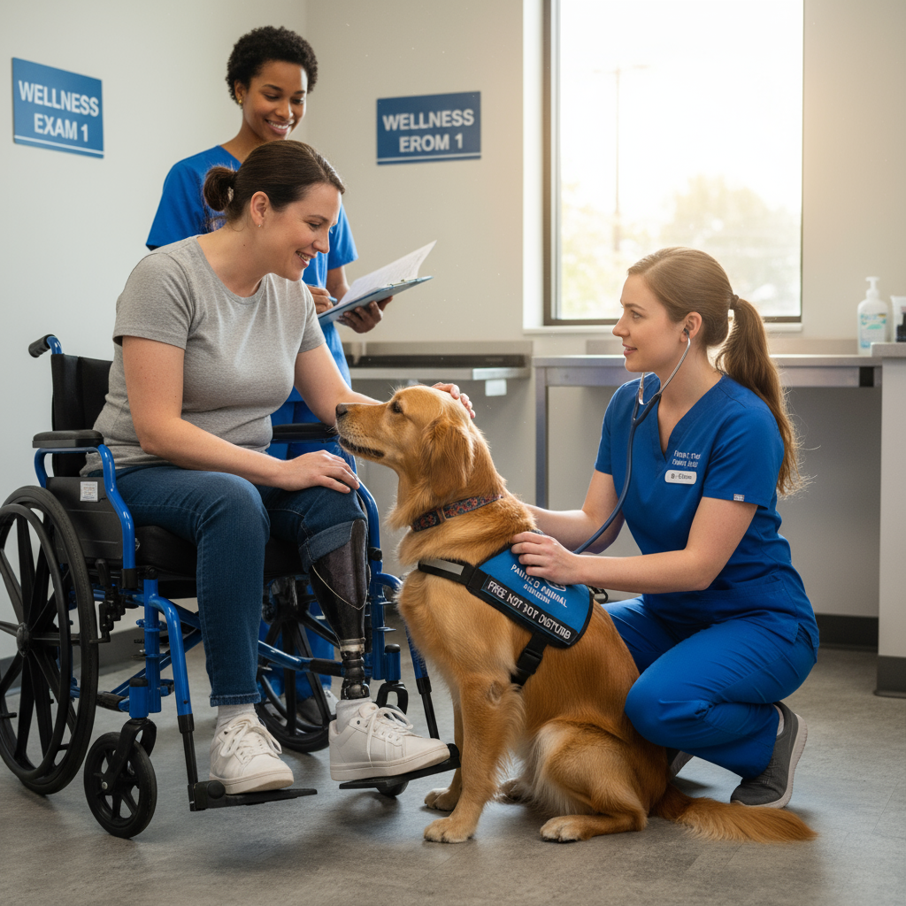 Service dog receiving free wellness exam for dogs through veteran assistance program