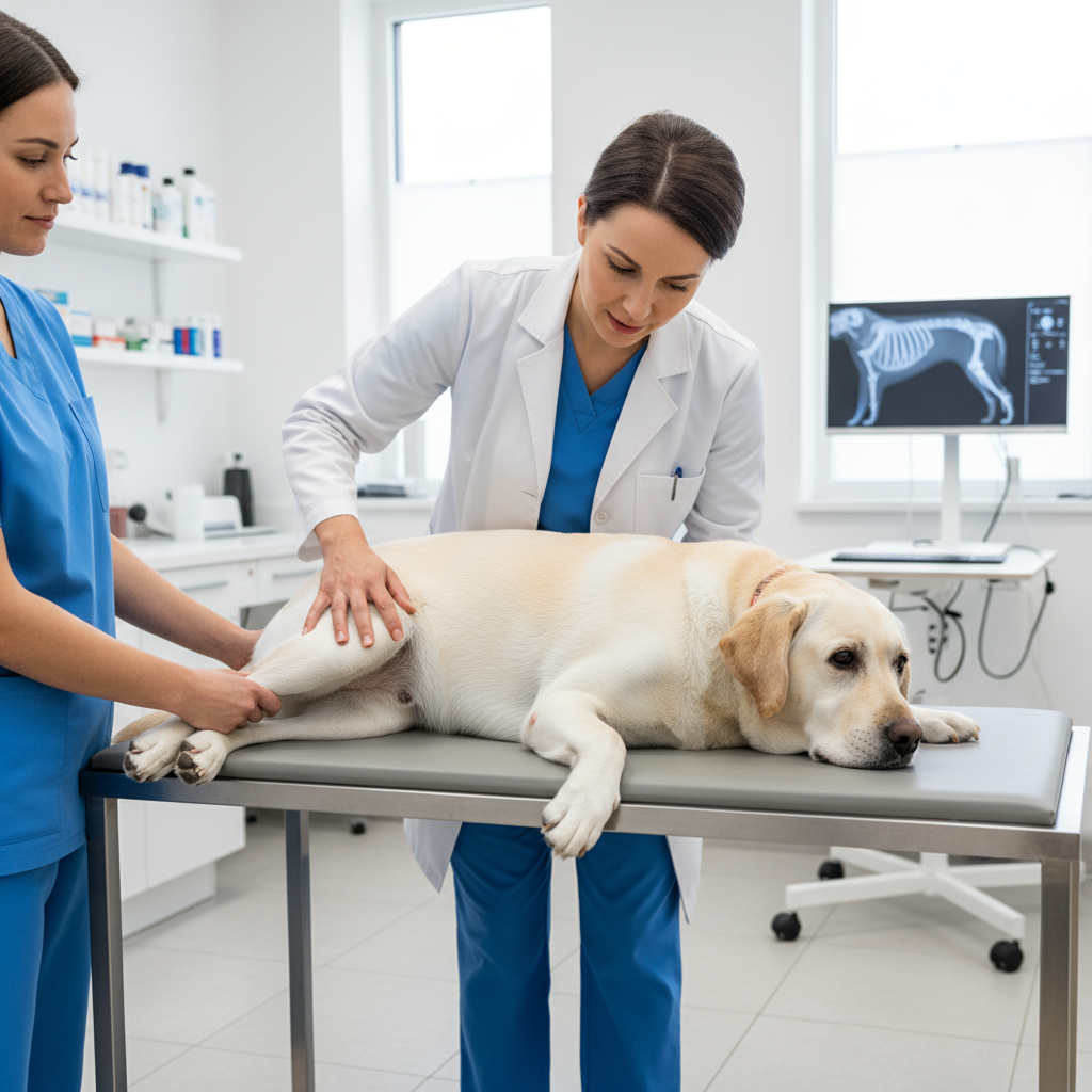 Vet checking dog hip joint for arthritis during wellness examination