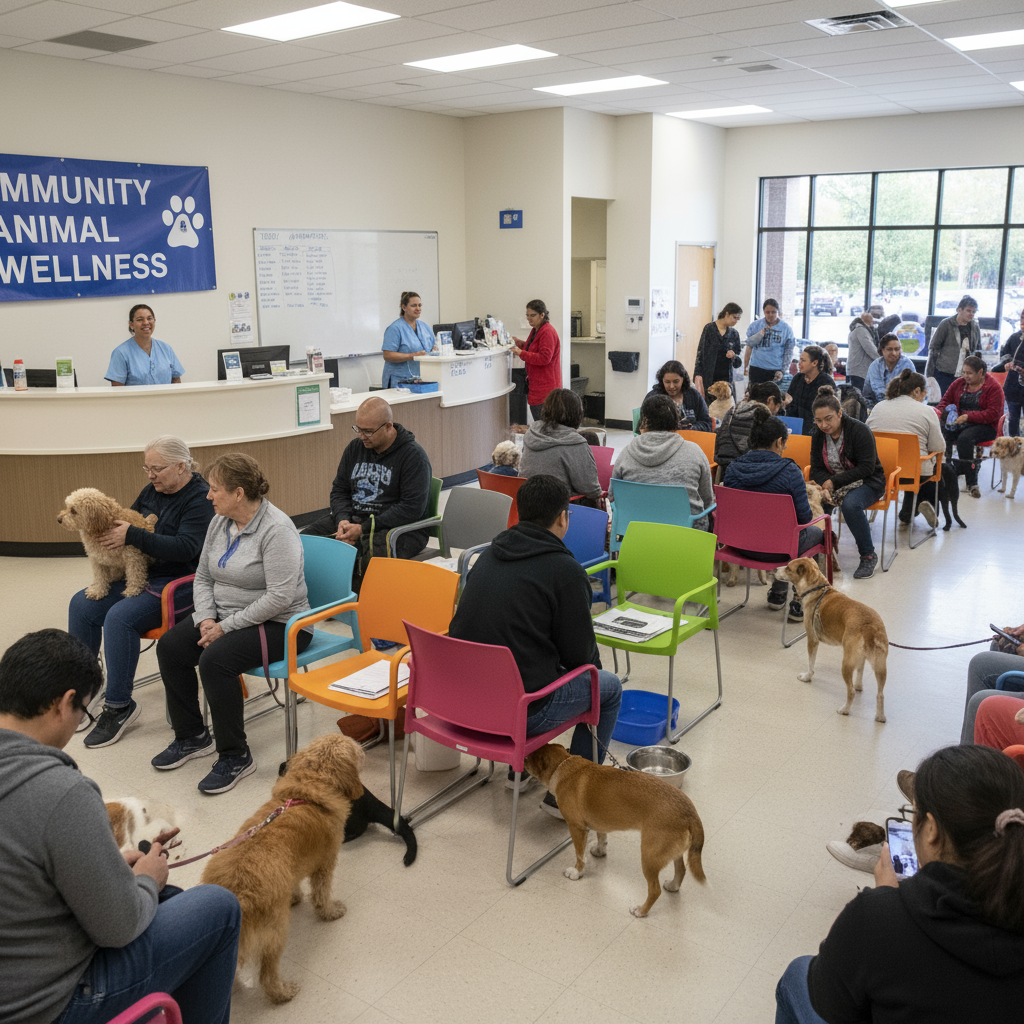 Pet owners waiting for free wellness exam for dogs at nonprofit community clinic
