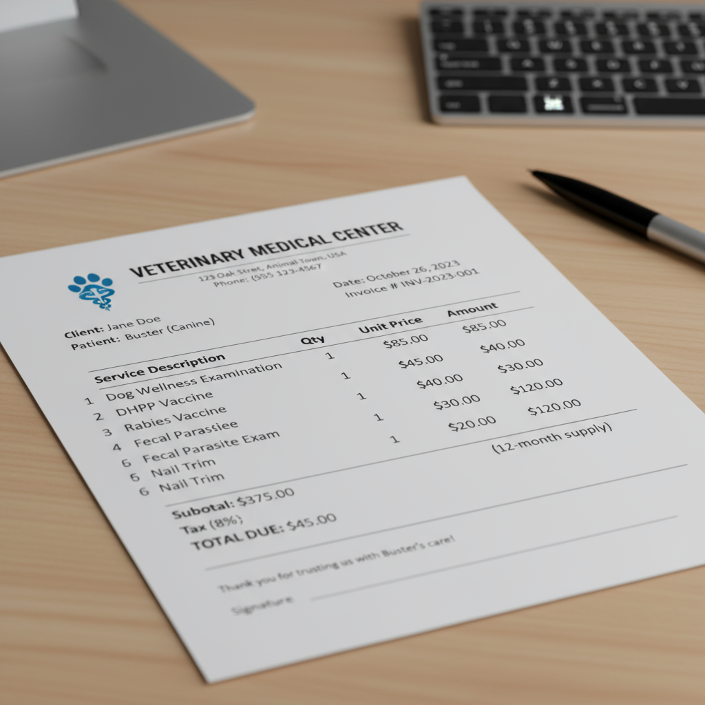 Sample Dog Wellness Exam Invoice Breakdown
