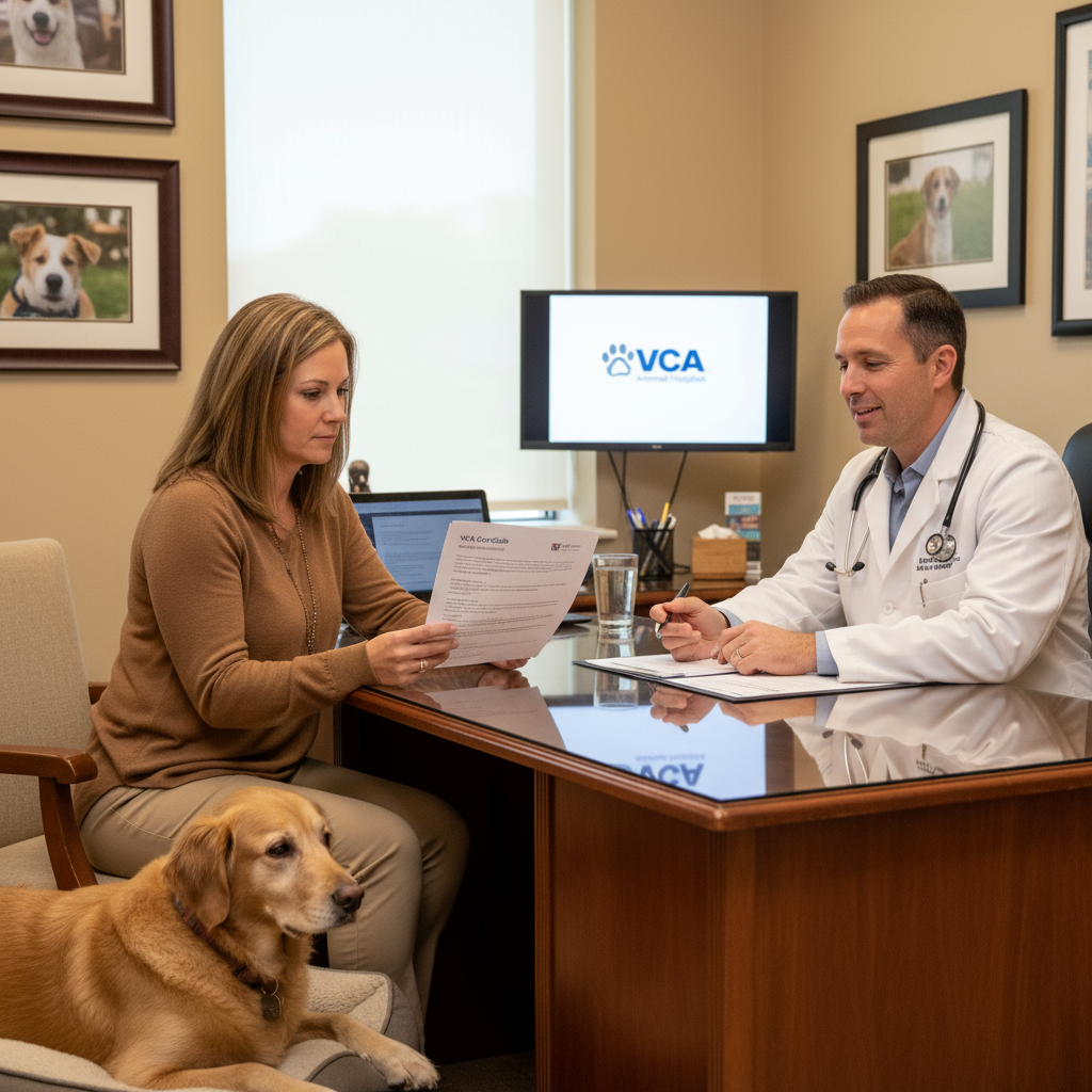 Pet Owner Reviewing VCA CareClub Wellness Plan with Veterinarian