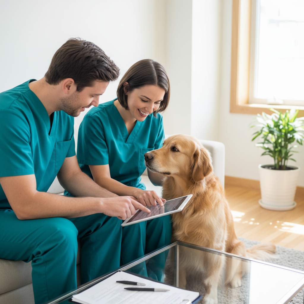 Vet discussing pet health checkup results with owner