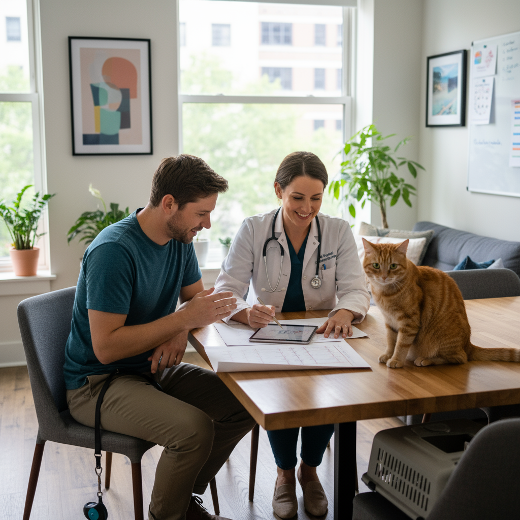 Discussing cat wellness exam cost and payment options with veterinarian
