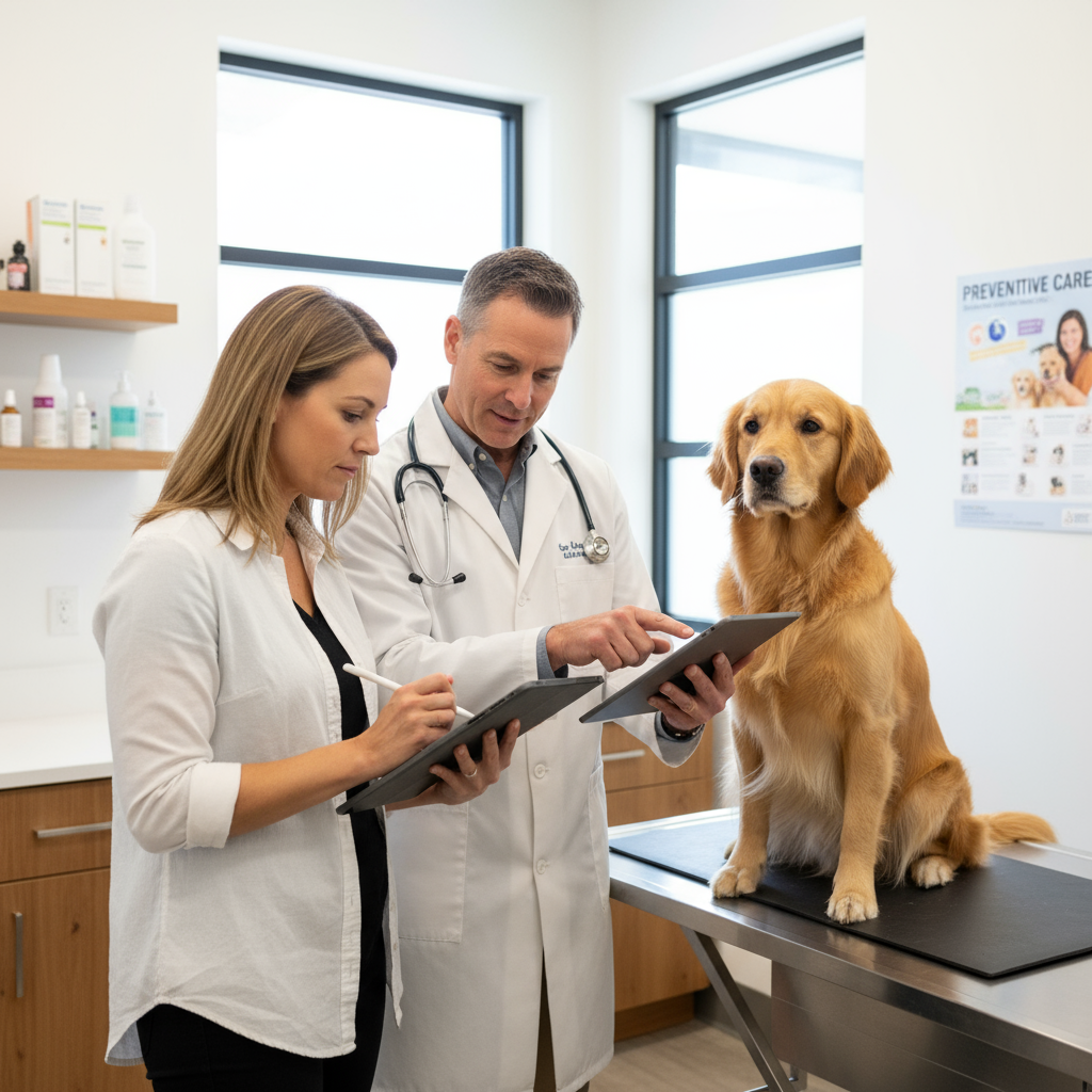 Dog owner taking notes during wellness check consultation with veterinarian