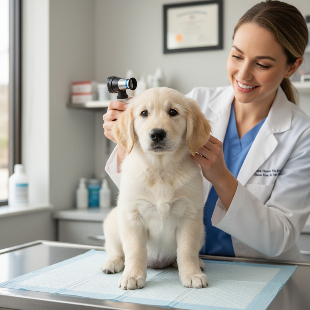 Young puppy receiving first vet checkup examination at 8 weeks old