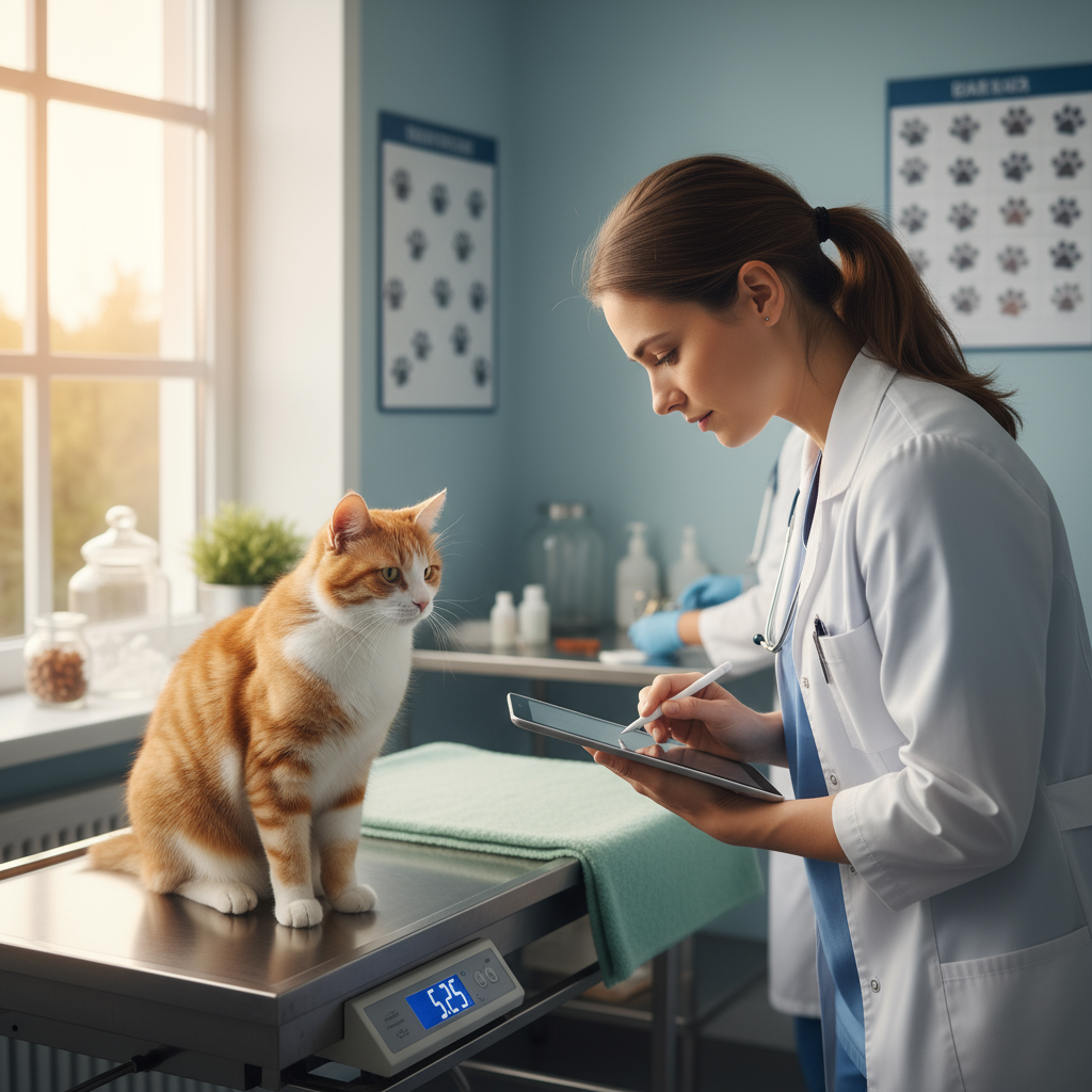 Cat being weighed on scale during routine vet checkup appointment