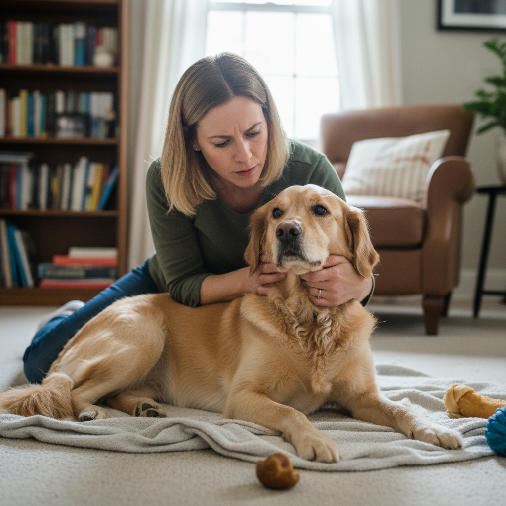 Pet owner performing home health check on dog between scheduled vet checkups