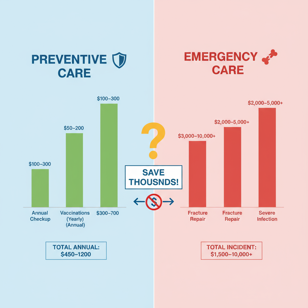 Cost comparison infographic showing savings from regular vet checkups versus emergency visits